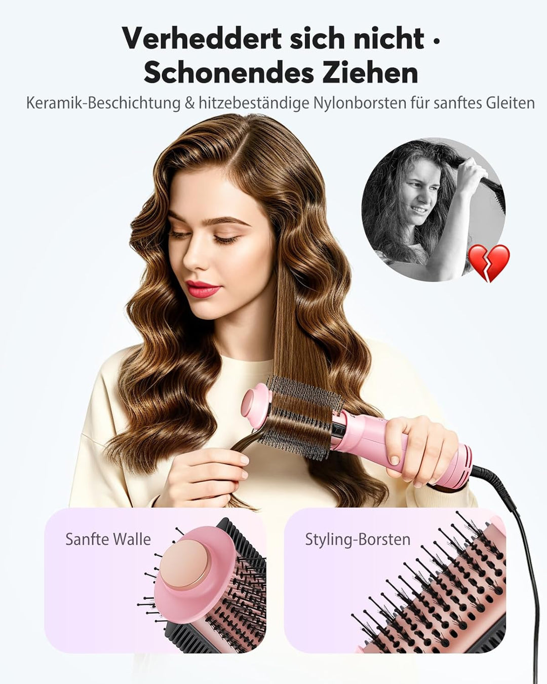 Bopcal Mini Warmluftbürste 4-in-1, Ionen Föhnbürste für Volumen & Glatte Haare, Tragbare Heissluftbü