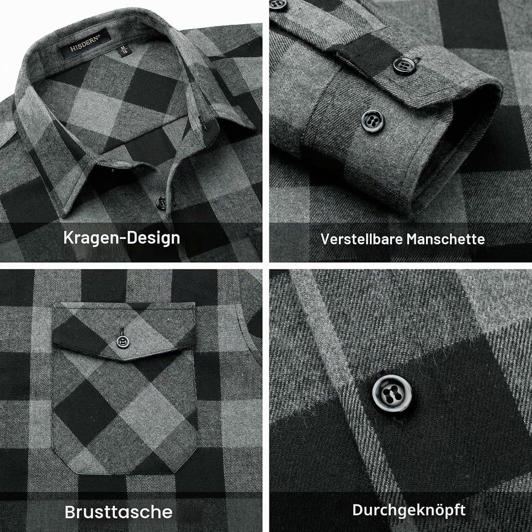 HISDERN Flanellhemd Herren Karierte Hemden Herren Langarm Button Down Baumwolle Holzfällerhemd Regul