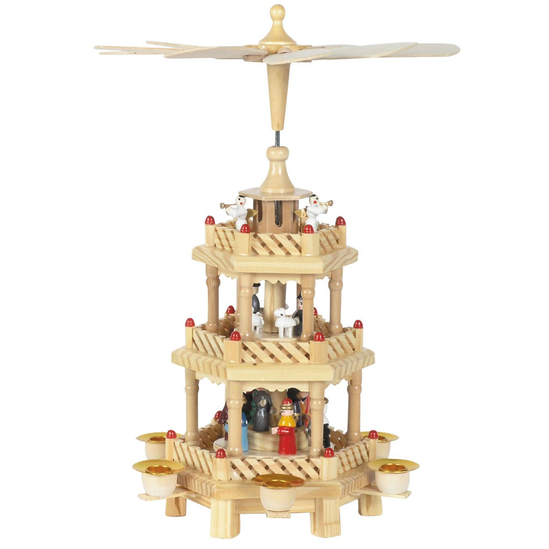 Weihnachts-Pyramide Krippe, 3 Etagen, H: 30 cm, Natur/farbig, handbemalt im Kunsthandwerks-Stil