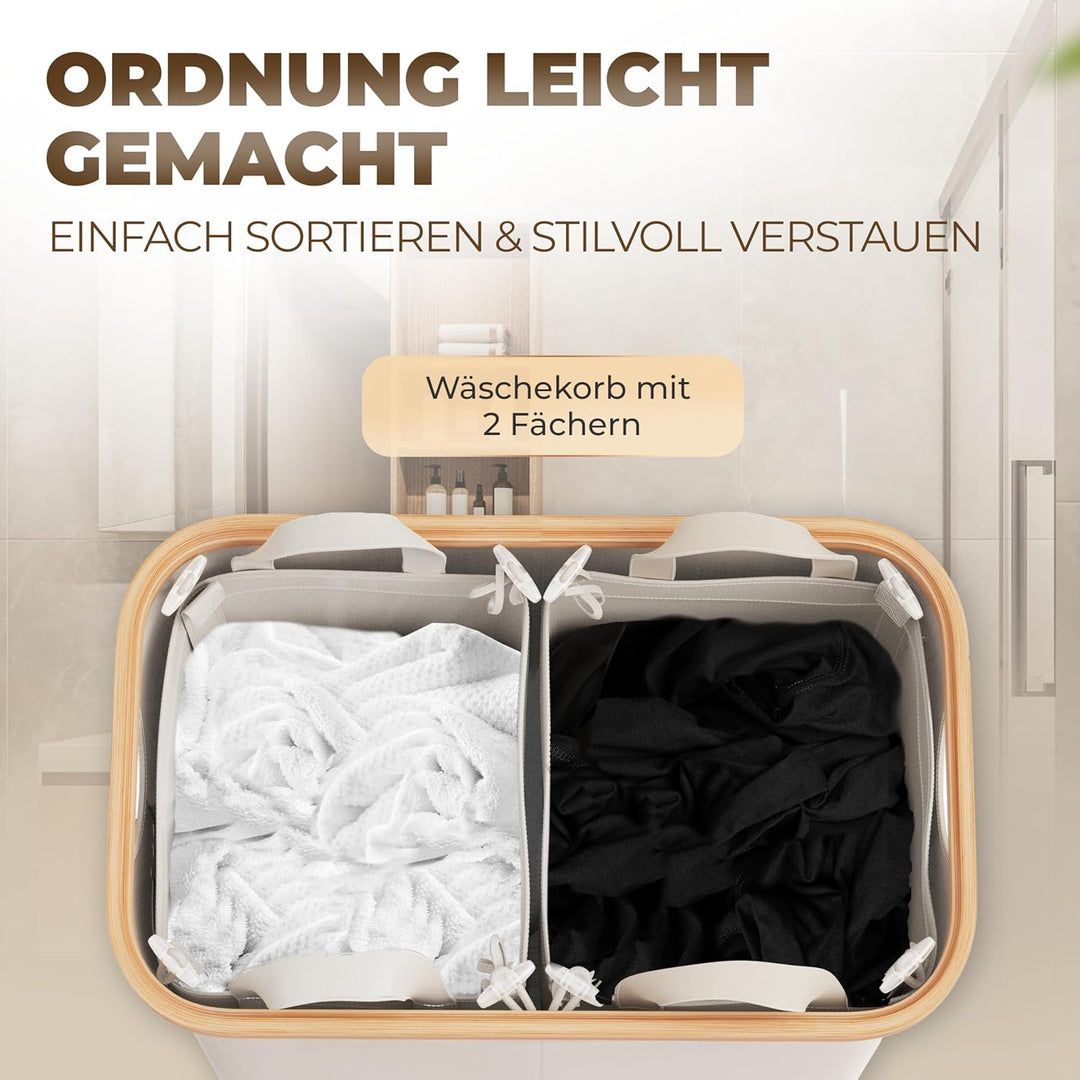 Wäschekorb 2 Fächer mit 1 Deckel 150 Liter Bambus-Stoff Beige Gross XXL - Wäsche Sortiersystem Wäsch