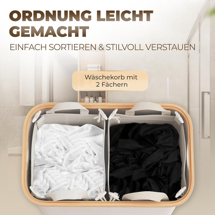 Wäschekorb 2 Fächer mit 1 Deckel 150 Liter Bambus-Stoff Beige Gross XXL - Wäsche Sortiersystem Wäsch