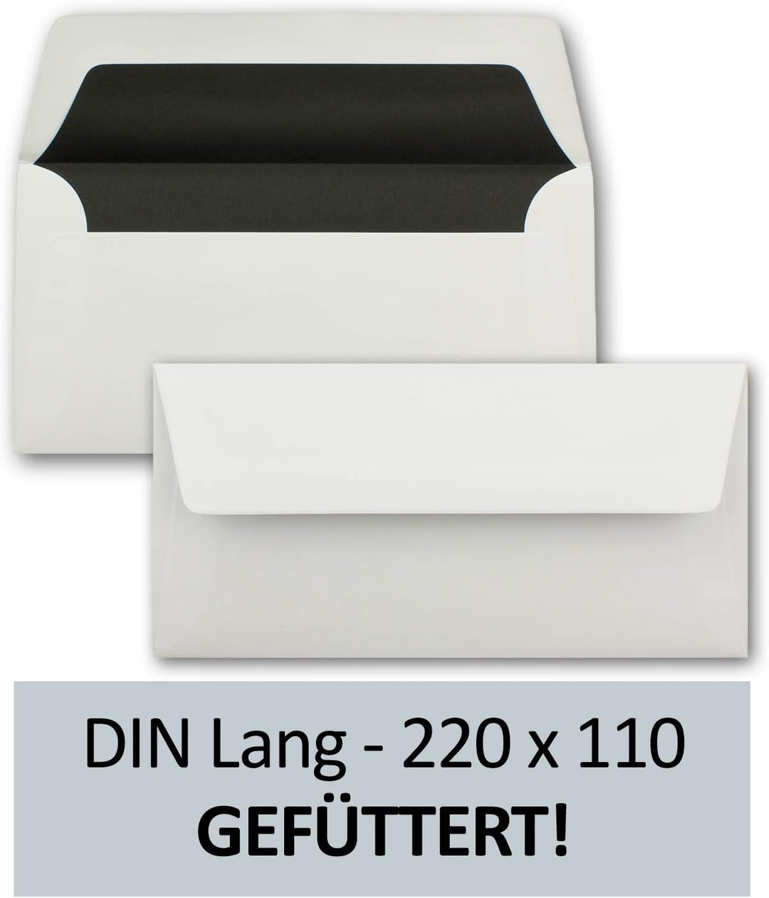 1000 Briefumschläge Weiss - DIN Lang - gefüttert mit schwarzem Seidenpapier - 22 x 11 cm - Nassklebu