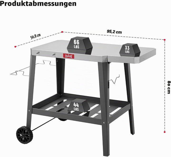 Feasto Grilltischwagen für den Aussenbereich, Pizzaofentisch mit Rollen, Edelstahl-Arbeitsplattenwag