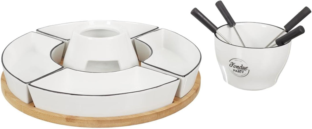 Fondue Set für 4 Personen - Bambus und Porzellan - Inklusive Schalen und Gabeln - 30 x 30 x 19 cm