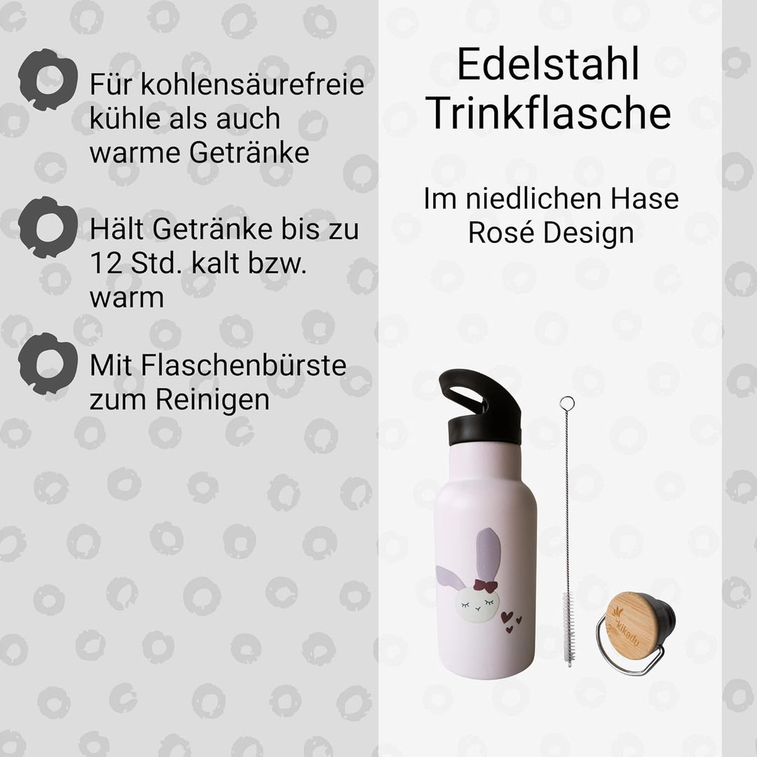 kikadu Trinkflasche Hase Rosé - Kindergeschirr, BPA-frei, mit niedlichen Aufdrucken, Fassungsvermöge