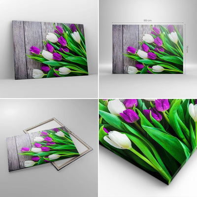 Bilder auf Leinwand 100x70cm Leinwandbild Tulpen Holz Blumenstrauss Blumen Gross Wanddeko Bild Schla