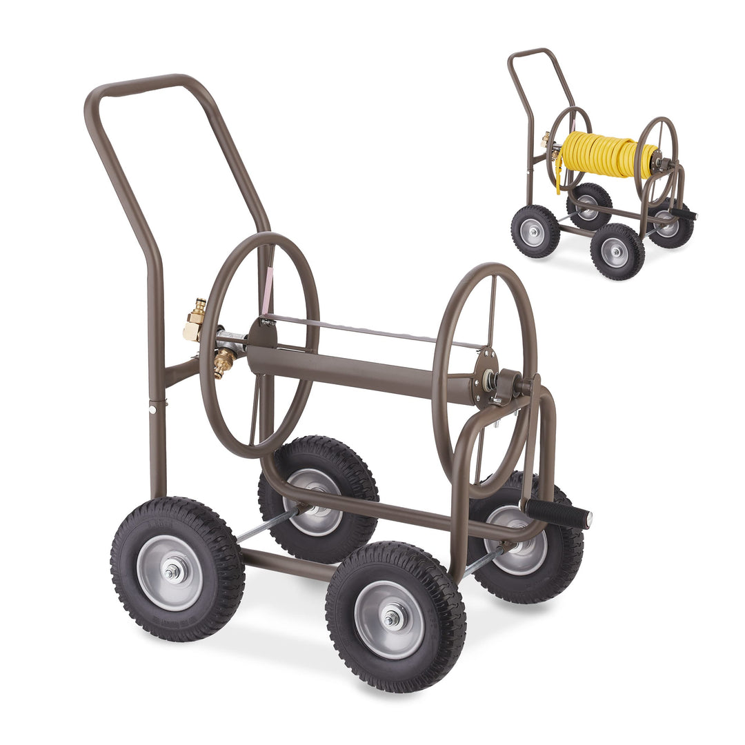 Relaxdays Schlauchwagen, bis 60 m, 4 Vollgummireifen, Klickkupplung, Schlauchtrommel Metall, Schlauc