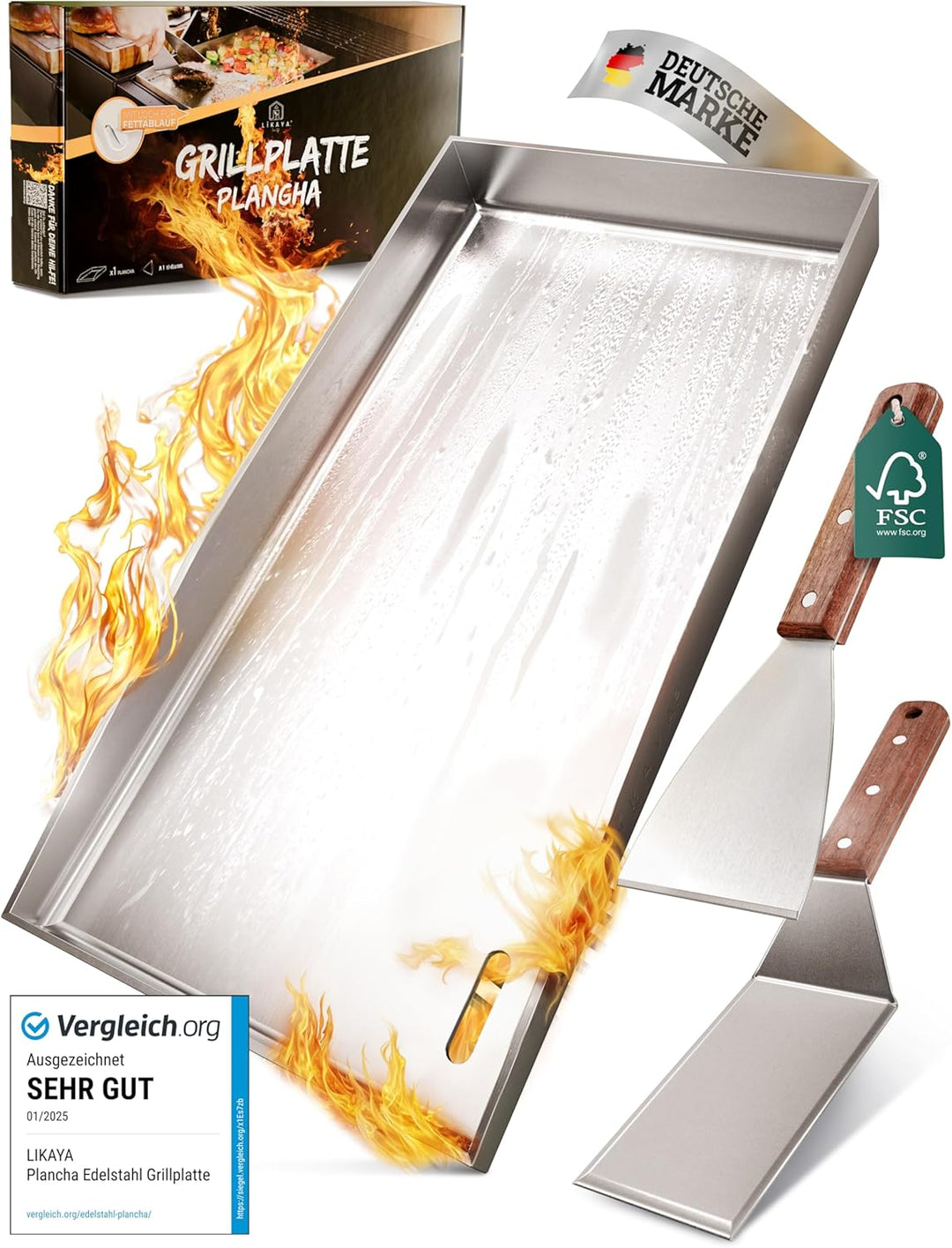 LIKAYA Plancha Edelstahl Grillplatte [20x40cm] – Verzugsfreier 4mm Edelstahl inkl 2x Grillspachtel m
