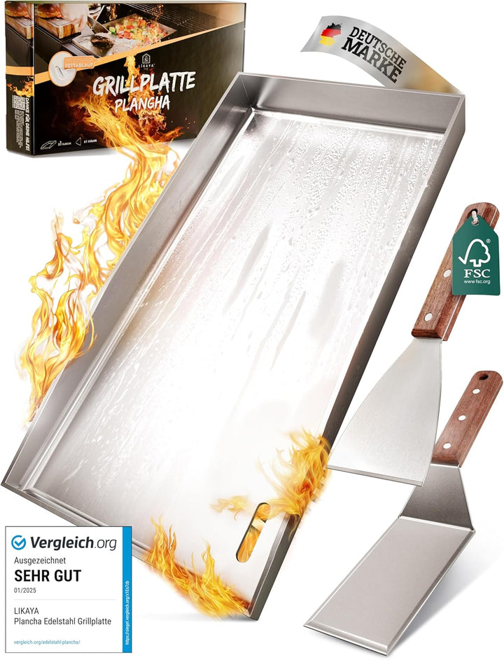 LIKAYA Plancha Edelstahl Grillplatte [20x40cm] – Verzugsfreier 4mm Edelstahl inkl 2x Grillspachtel m