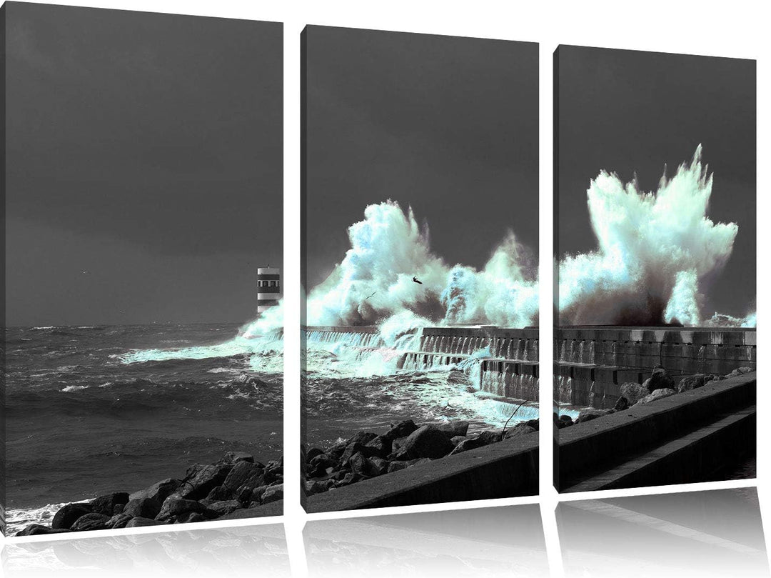 unruhiges Meer und hohe Wellen schwarz/weiss 3-Teiler Leinwandbild 120x80 Bild auf Leinwand, XXL rie