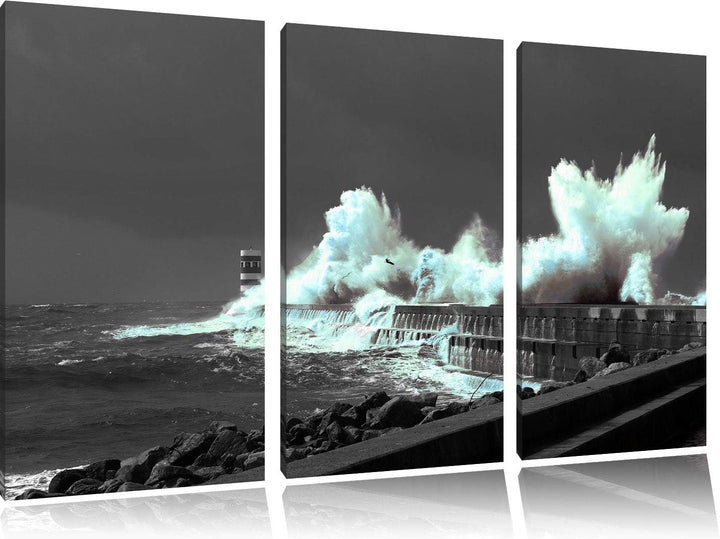 unruhiges Meer und hohe Wellen schwarz/weiss 3-Teiler Leinwandbild 120x80 Bild auf Leinwand, XXL rie