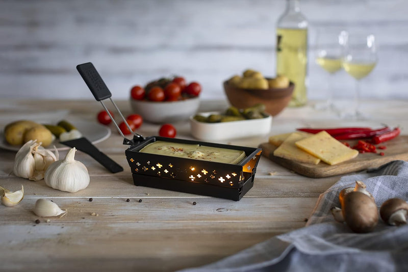 KUHN RIKON Candle Light Mini Schweizerkreuz Raclette Set, schwarz, Antihaft-Grill-Pfännchen, mit Tee