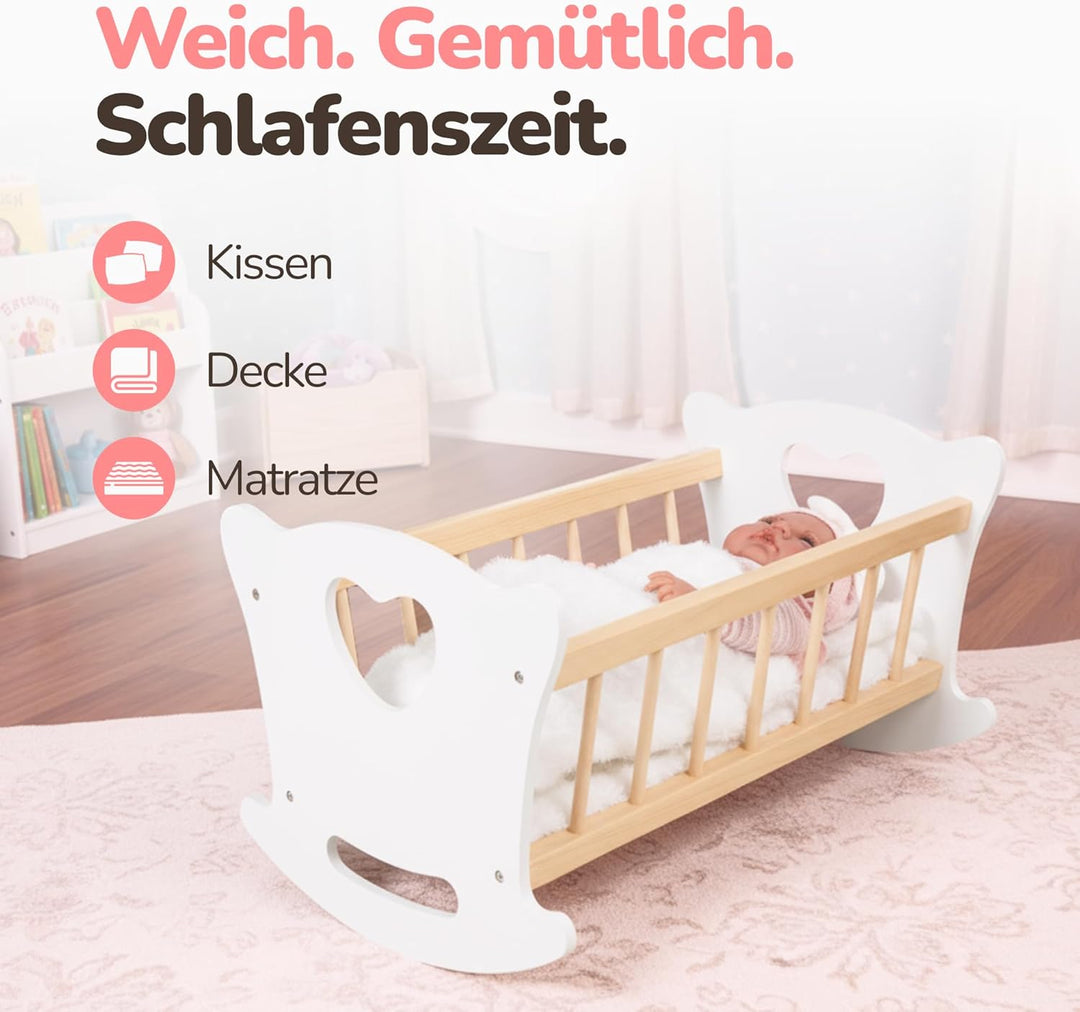 Kinderplay Puppenwiege Holz mit Bettwäsche – Puppenbett Schaukelbett für Puppen bis 49,5 cm – Holzsp