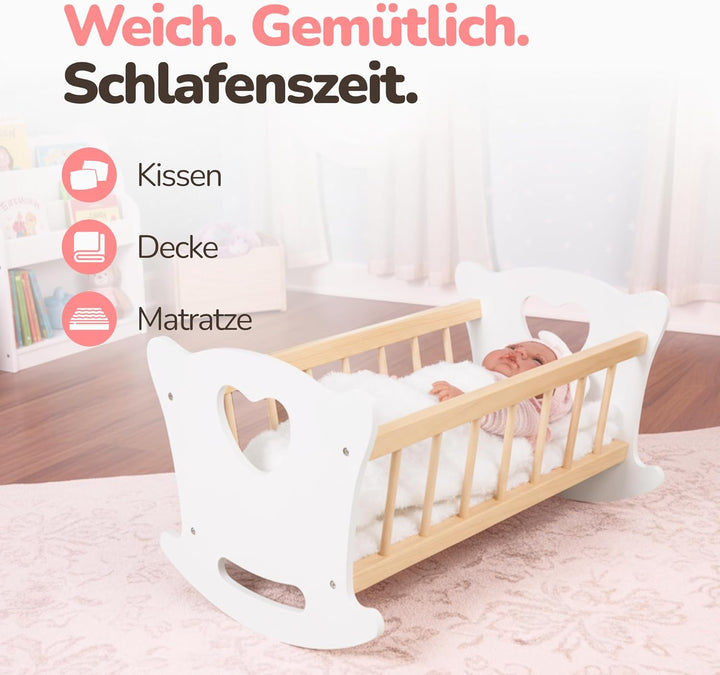 Kinderplay Puppenwiege Holz mit Bettwäsche – Puppenbett Schaukelbett für Puppen bis 49,5 cm – Holzsp