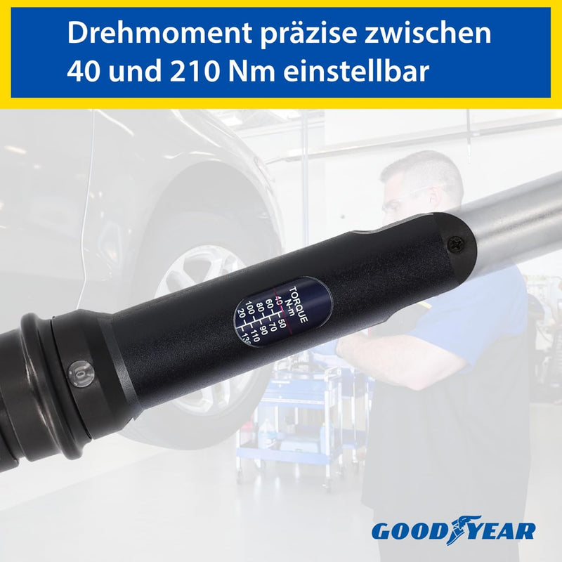 Goodyear Premium Drehmomentschlüssel, Einstellbar von 42 bis 210 Nm, Antrieb 1/2" Vierkant, inkl. Ve