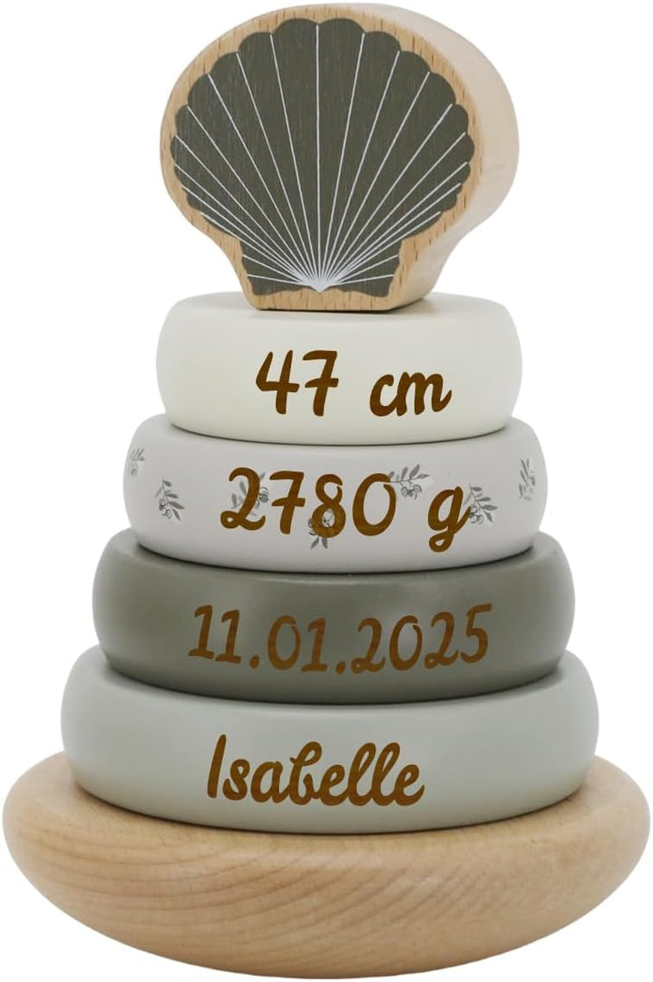 Elefantasie Stapelturm aus Holz personalisierbar mit Name und Datum Baby Geschenk mit Gravur (Oliv),