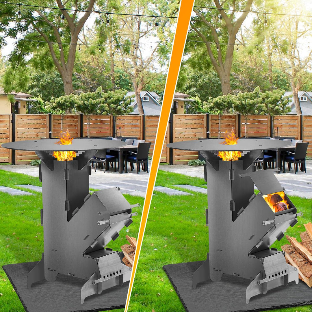 Jiubiaz Raketenofen inkl. Grillplatte Rocket Stove mit Feuerhaken und 2 zusätzlichen Standfüssen Cam
