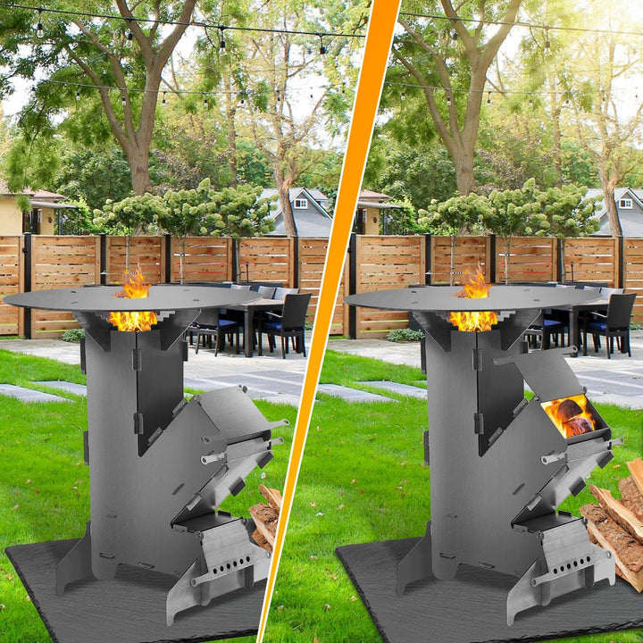 Jiubiaz Raketenofen inkl. Grillplatte Rocket Stove mit Feuerhaken und 2 zusätzlichen Standfüssen Cam