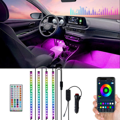 Lescars Auto LED: 4er-Set Kfz-LED-RGB-Streifen mit Fernbedienung, Bluetooth, App (Auto Innenbeleucht