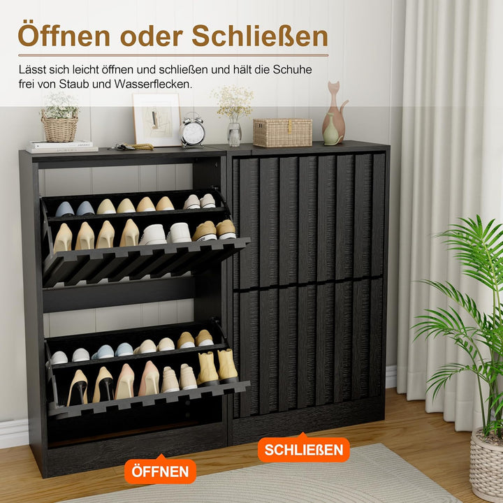 UEV Schuhschrank mit 2 Klappen Holz Schmal Schuhkipper Schuhkommode mit Kippschutz, Schuhaufbewahrun