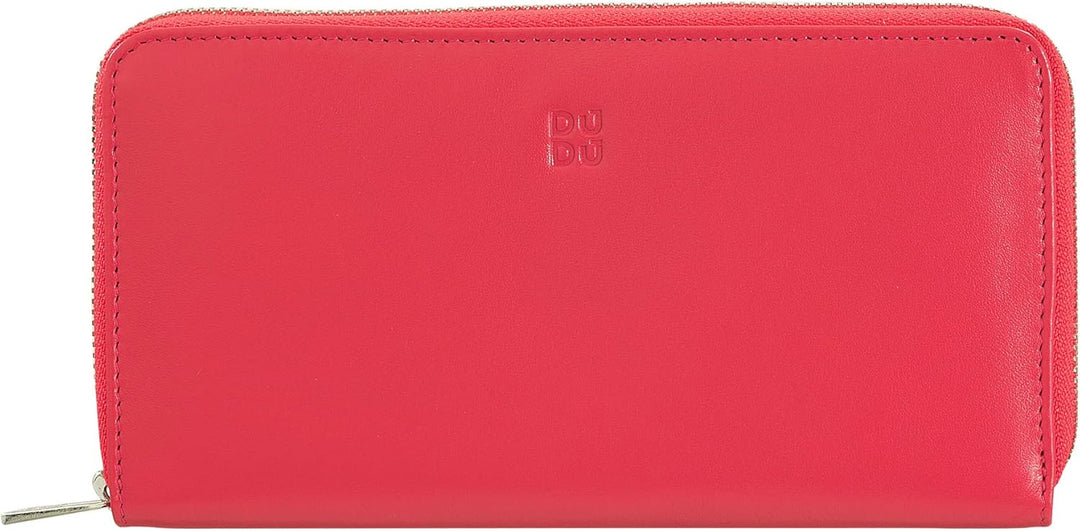 DUDU Grosse Bunte Damenbrieftasche RFID in echtem Leder mit Rundum - Reissverschluss Himbeere, Himbe