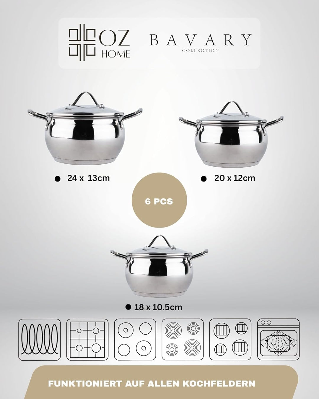 BAVARY Kochtopfset 6-teilig – Edelstahl 18/10 Topfset Induktion – Cookware Set mit hitzebeständigen