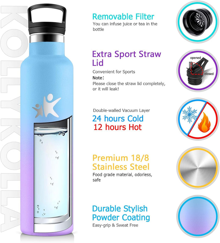 KollyKolla Thermosflasche 1L, Wasserflasche Kohlensäure Geeignet, Trinkflasche Edelstahl mit Strohha