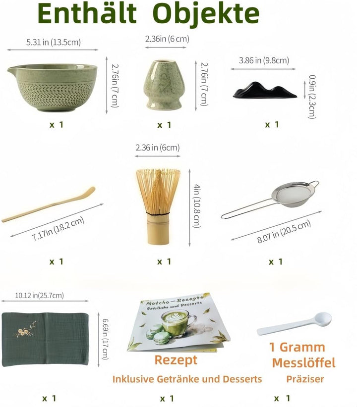 Matcha Set mit 9 Zubehörteilen | Inklusive Rezepten für Gebäck & Getränke mit Präzisionsmesslöffel |