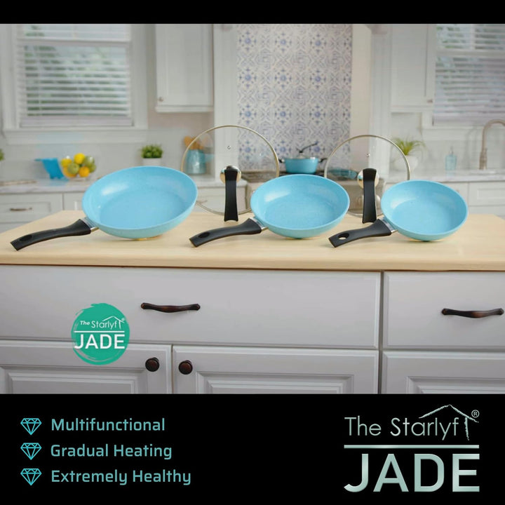 Starlyf Pfannen-Set Jade Pan Set, Aluminium (Starter-Set, 5-tlg., 3 Pfannen, 2 Glasdeckel), Innovati