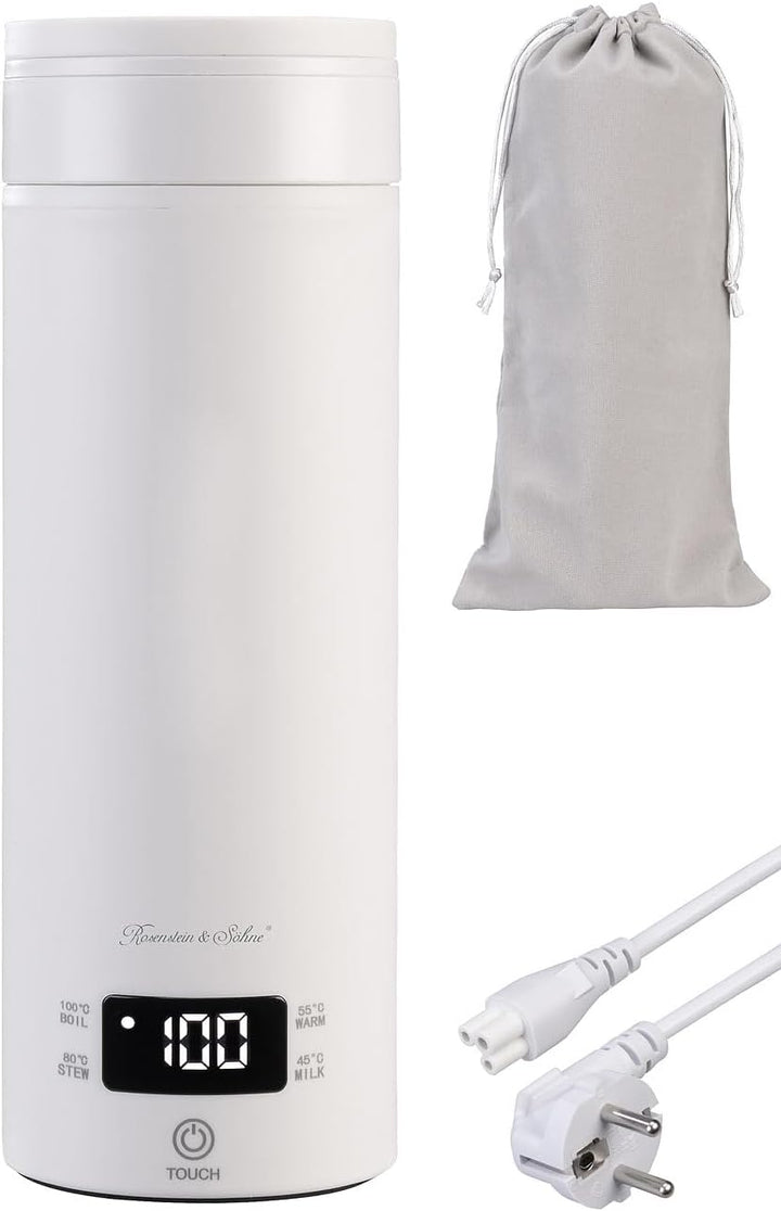Rosenstein & Söhne Edelstahl Wasserkocher: Reise-Wasserkocher & Isolierkanne, 300 W, 500 ml, 4 Tempe