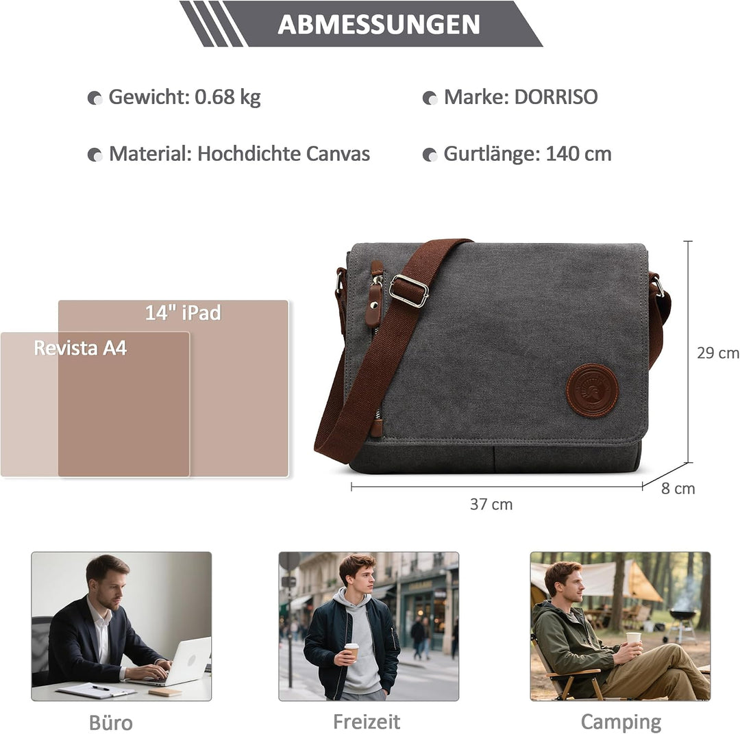 DORRISO Mode Umhängetasche Herren Schultertasche Canvas Schultertaschen für 14 Zoll Laptop Kuriertas