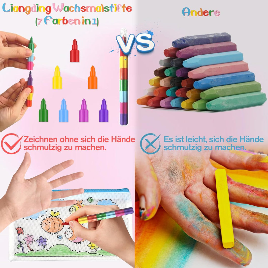 Liangding Kinder Stofftaschen zum Bemalen Set – 12 Taschen mit Reissverschluss & 12 stapelbare Wachs