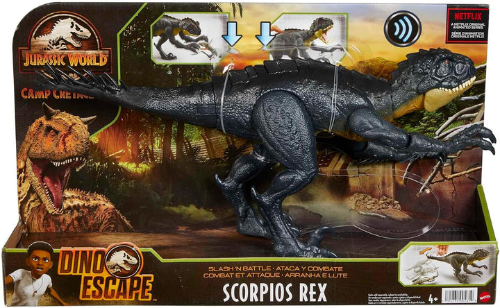 Jurassic World HCB03 - Kampfaction Scorpios Rex mit Geräuscheffekt, Camp Cretaceous mit beweglichen