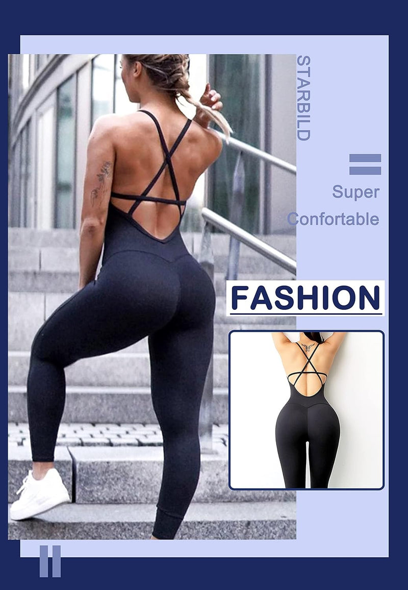 STARBILD Damen Yoga Jumpsuit Ärmellos Rückenfrei Eng Anliegender, Fitness Overall für Gym Workout, K