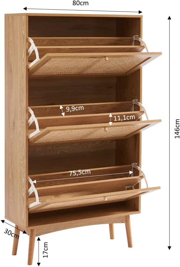 BAÏTA INES Schuhschrank in Eichenoptik und Rattangeflecht, Buchenholz, 80 cm