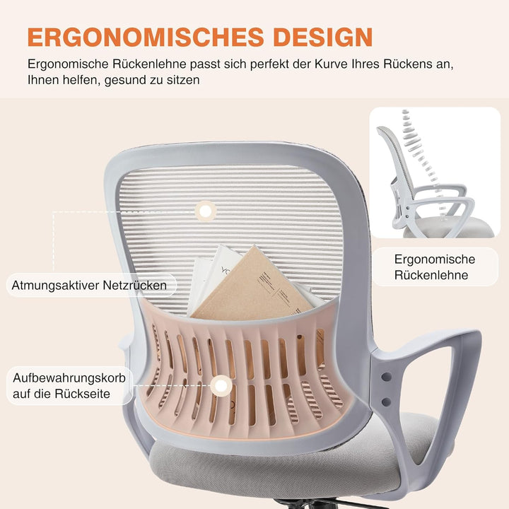 Sweetcrispy Bürostuhl Ergonomisch, Schreibtischstuhl mit Lendenwirbelstütze, Verstellbaren Armlehnen