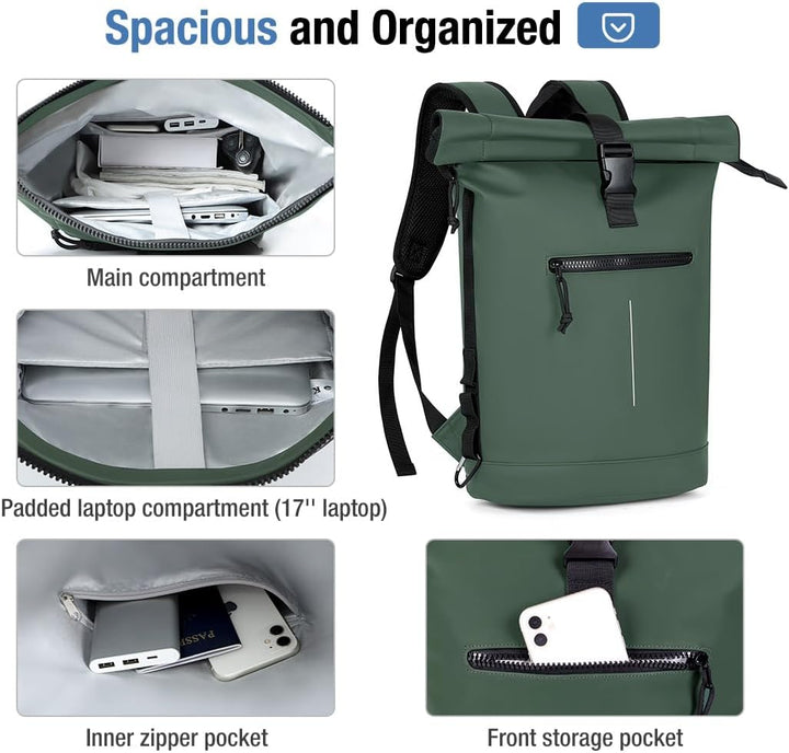 Lekeinchi Rolltop Rucksack Wasserdicht für Damen &amp; Herren, Grosser Laptop Rucksack mit Computerfach