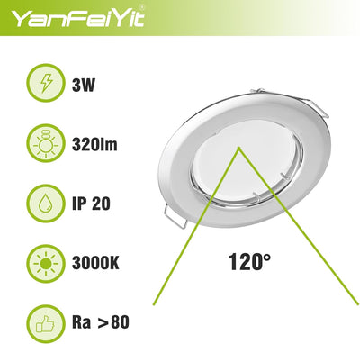 YanFeiYit 5x LED Einbaustrahler rund - Chrom 3 Watt 230V dimmbar Ø 52-71 mm Lochmass – Einbau-Spot D