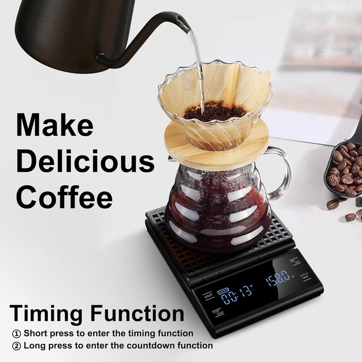 Digitale Kaffeewaage mit Timer 0,1g/5kg Hochpräzise Küchenwaage mit LED-Anzeige Tara Funktion und To