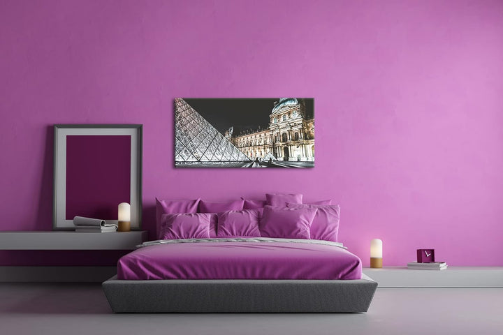 Pariser Louvre bei Nacht Panorama 80x40 cm als Leinwandbild, Motiv fertig gerahmt auf Echtholzrahmen