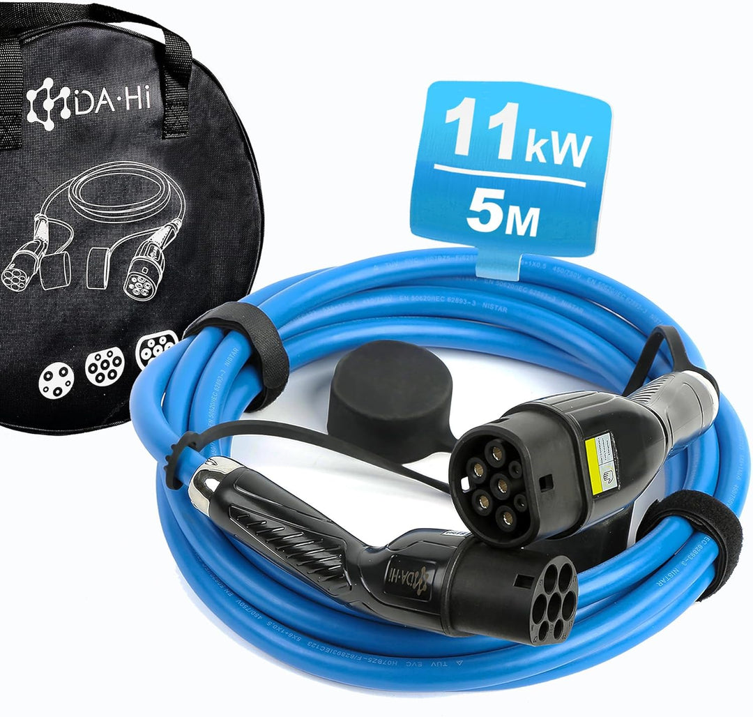 DA Hi Typ 2 EV Ladekabel für Elektroauto u. PHEV, 11KW 16A 3-Phase 5M, TÜV certifiziert schwarz/Blau