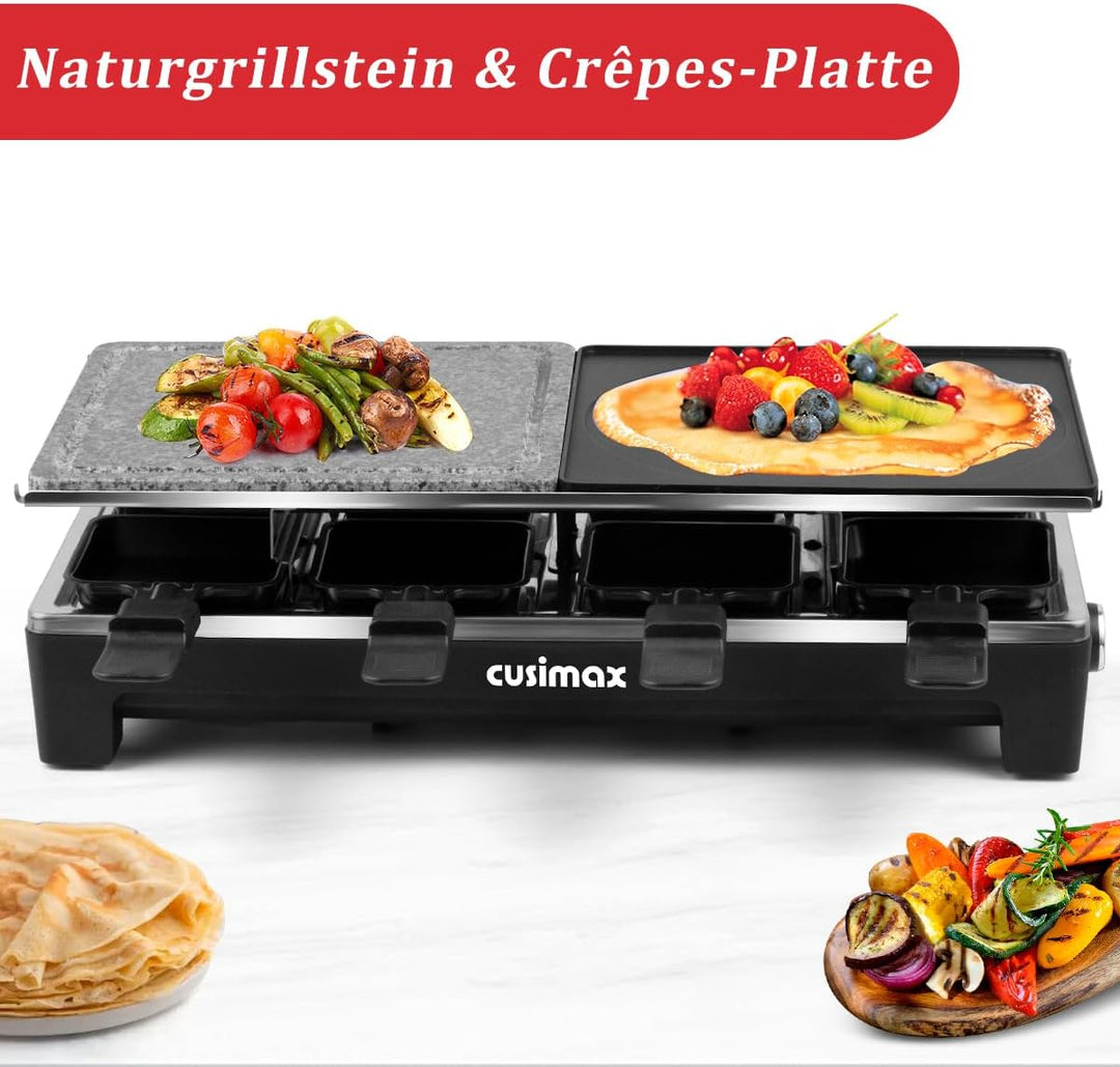 CUSIMAX Raclette Grill mit Reversible Grillpfanne & Natürlichem Grillstein, Raclette Partygrill für
