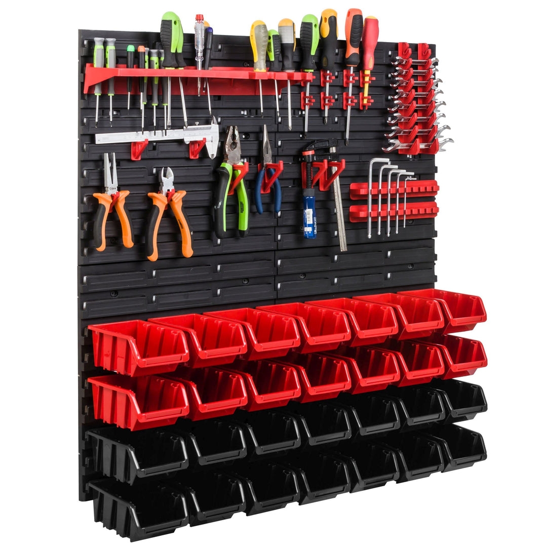 Lagersystem Werkstattregal | 78 x78 cm | 28 stck. Box | Wandregal mit Werkzeughalterungen und Stapel