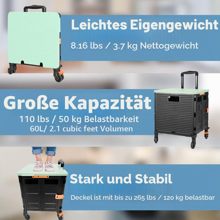 Wagen Faltbar mit Rädern, 1,93Cu ft/100Lbs Edelstahl mit Hoher Kapazität Robuster und Langlebiger Ei