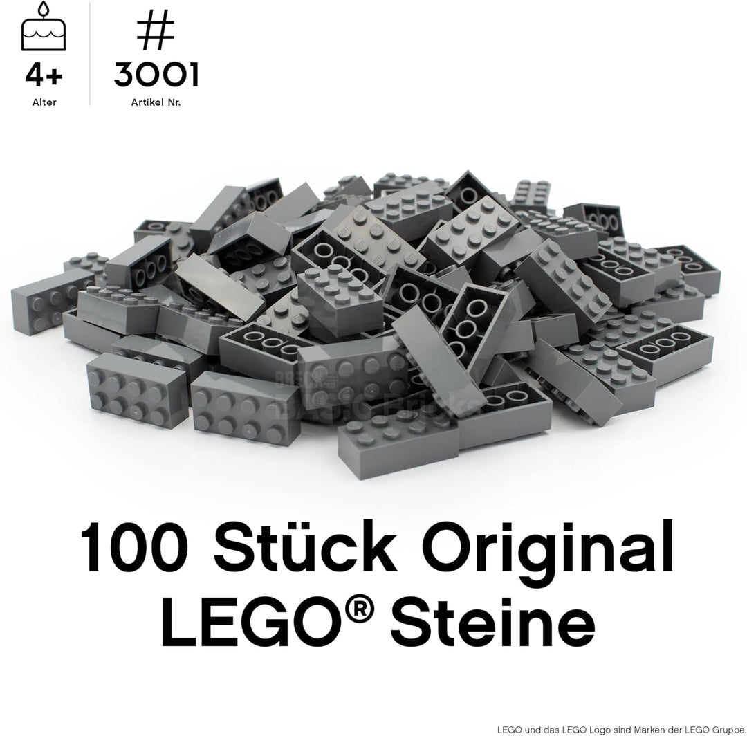 LEGO Steine Grau 2x4 Classic, 100 Stück - Einzelne Graue Bausteine in der Grosspackung, für LEGO Gra