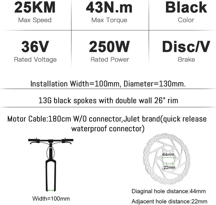 YOSE POWER Ebike Kit 36V250W 26''/28" Frontmotor E-Bike Hub Umbausatz Integrierte Controller mit Hai