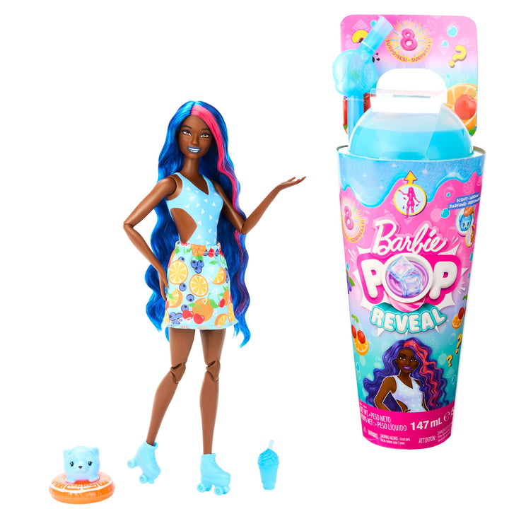 Barbie Pop Reveal Fruit - Puppe mit blauen Haaren im Fruchtpunschduft, 8 Überraschungen, duftendes S