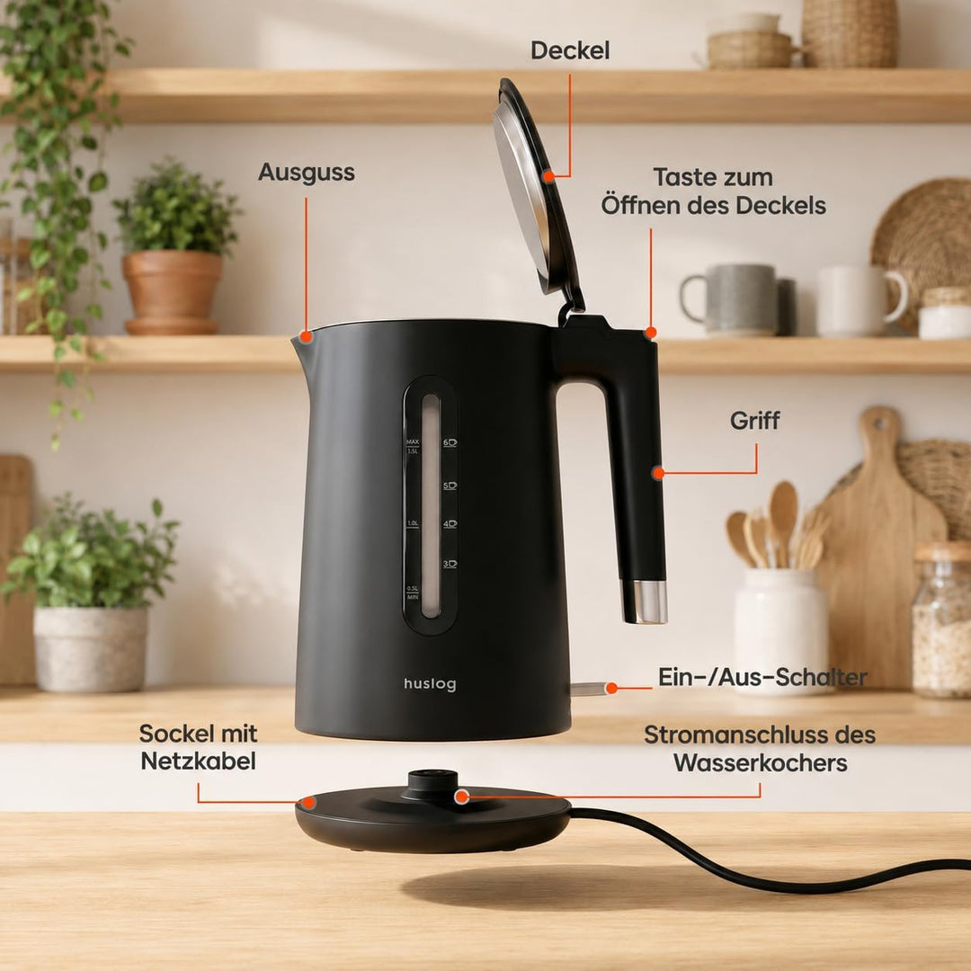 Wasserkocher 1,5L 2200W Double Wall Cool-Touch Edelstahl 304, BPA-frei, mit Wasserstandsanzeige, 360