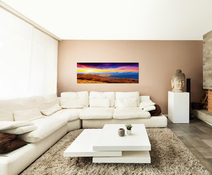 Paul Sinus Art Panoramabild auf Leinwand und Keilrahmen 150x50cm Berge Wiesen Wolken Sonnenuntergang