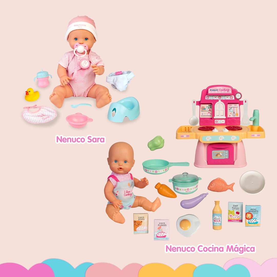 Nenuco Magische Küche, 30 cm grosse Puppe mit hartem Körper, inkl. 10 Zubehör zum Kochen und Mitnehm